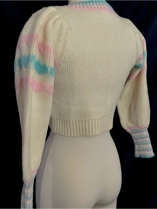 Cream Cropped Cardigan with Pink & Blue Heart Motif - Picture 2 of 4
